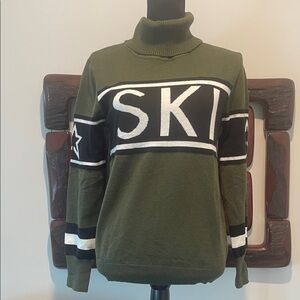 Army Green Turtleneck Sweater with SKI design